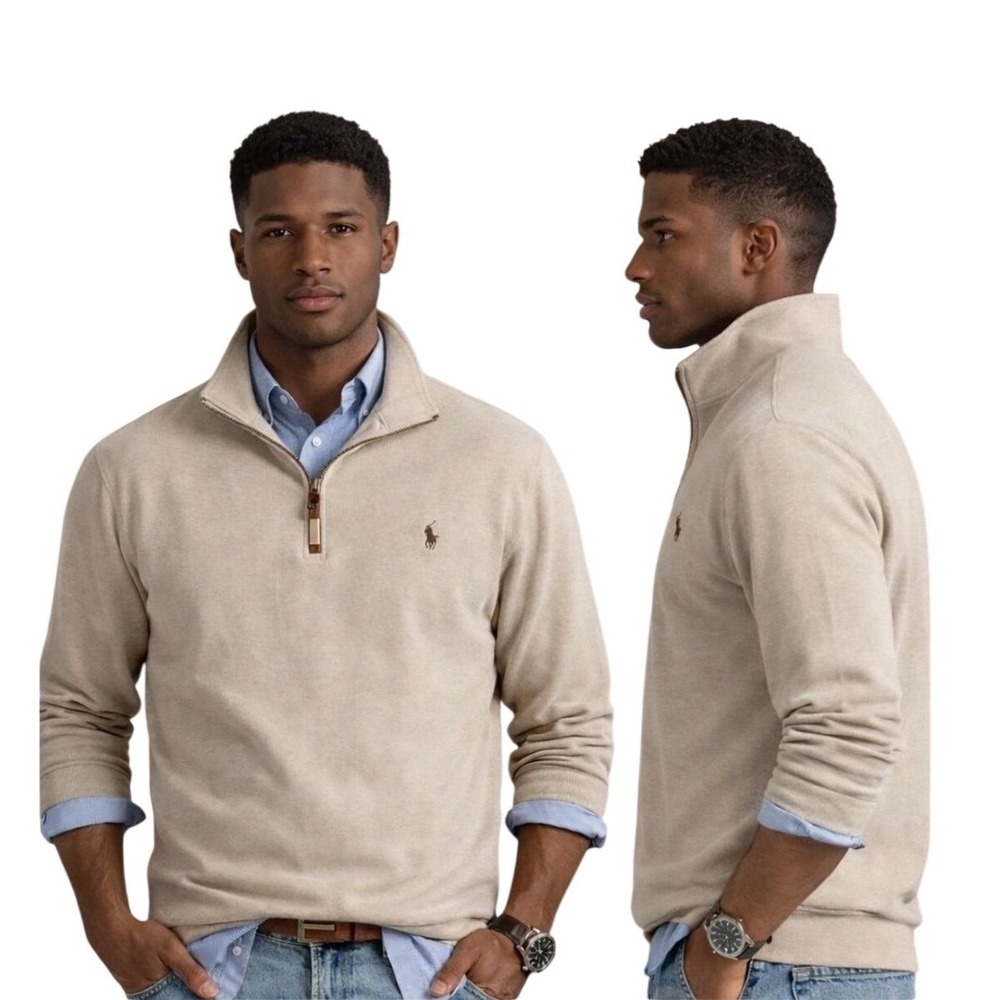Polo Ralph Lauren Mens Beige Tan 100% Cotton Quarter Zip Pullover Sweater Large